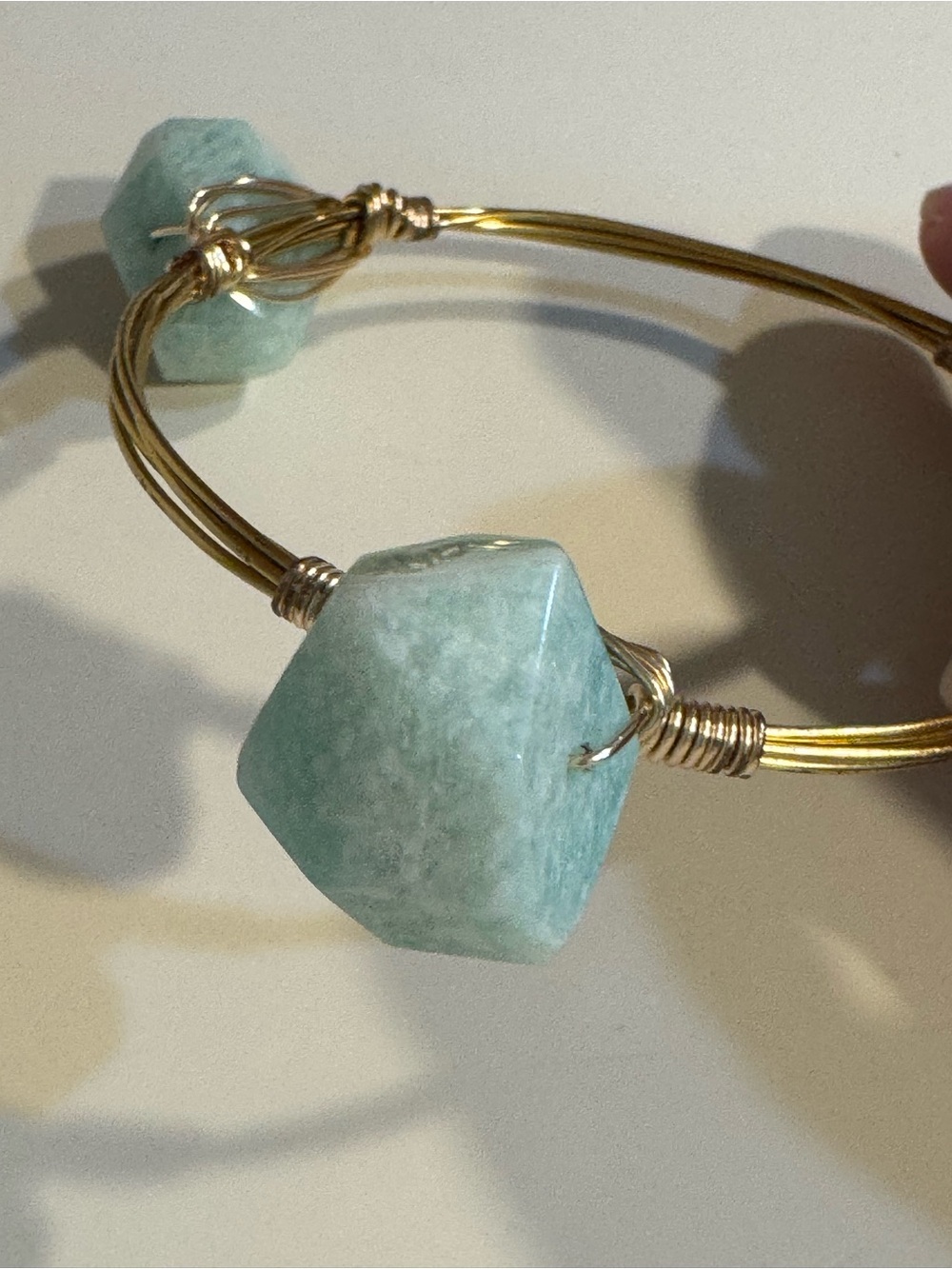 Chunky Aqua Gemstone Gold Tone Wire Wrap Bangle Bracelet - Boho Coastal